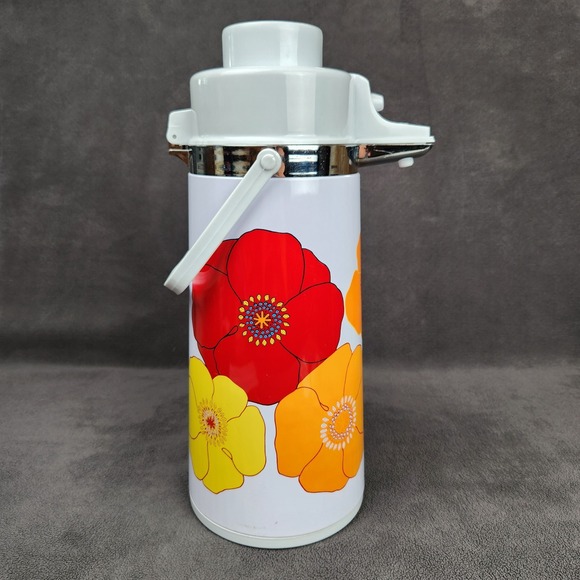Vintage Floral Airpot Thermos Drink Dispenser Poppy Flower Power Hot Cold Server - Picture 11 of 15